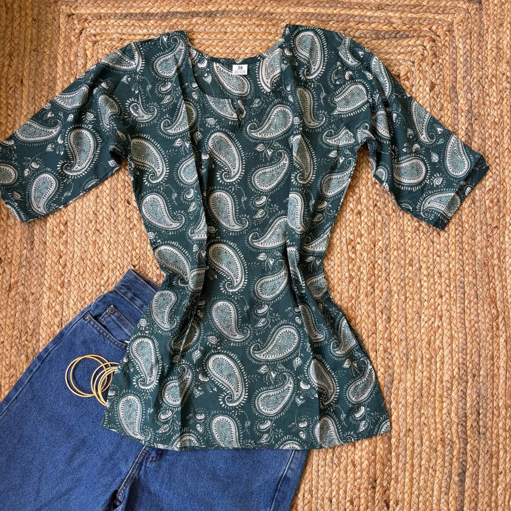 Green Jaipuri Print Pure Cotton 3/4th Sleeves Short Kurti For Women