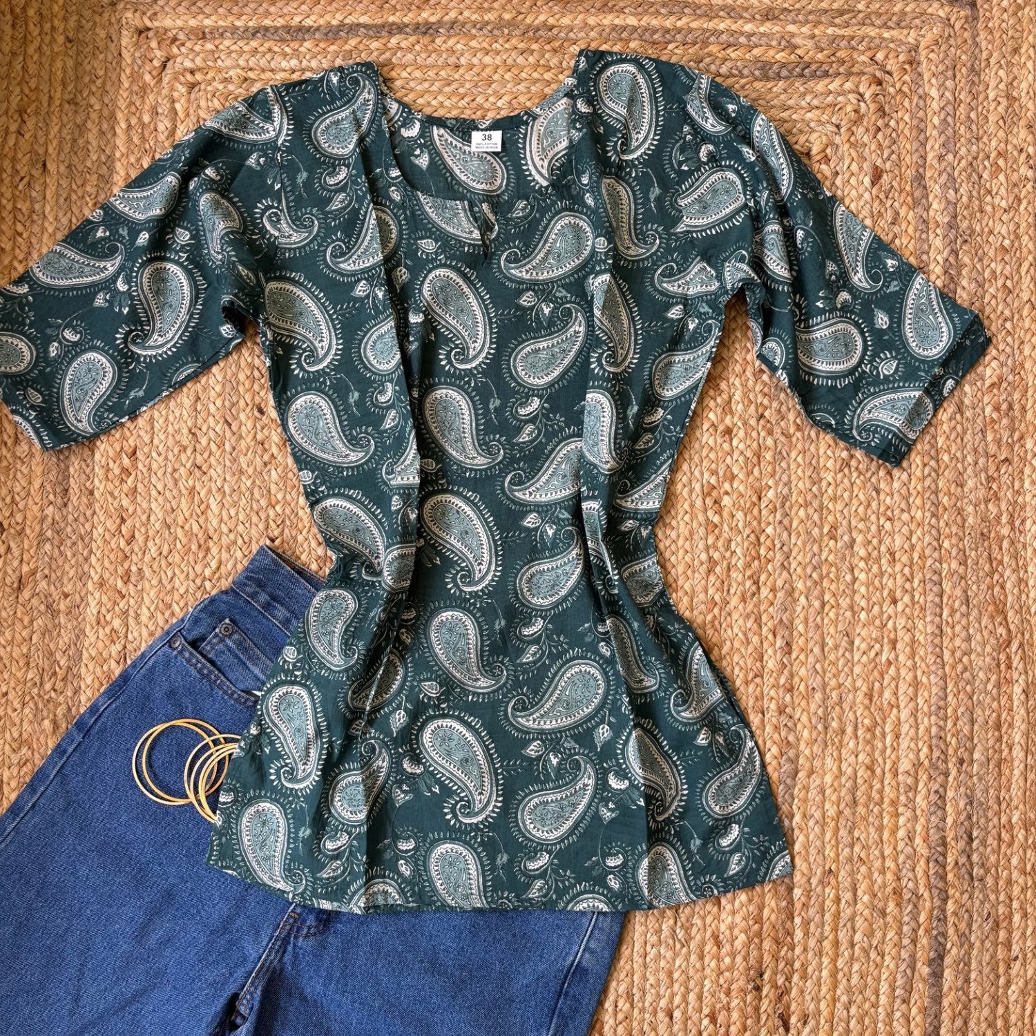 Green Jaipuri Print Pure Cotton 3/4th Sleeves Short Kurti For Women