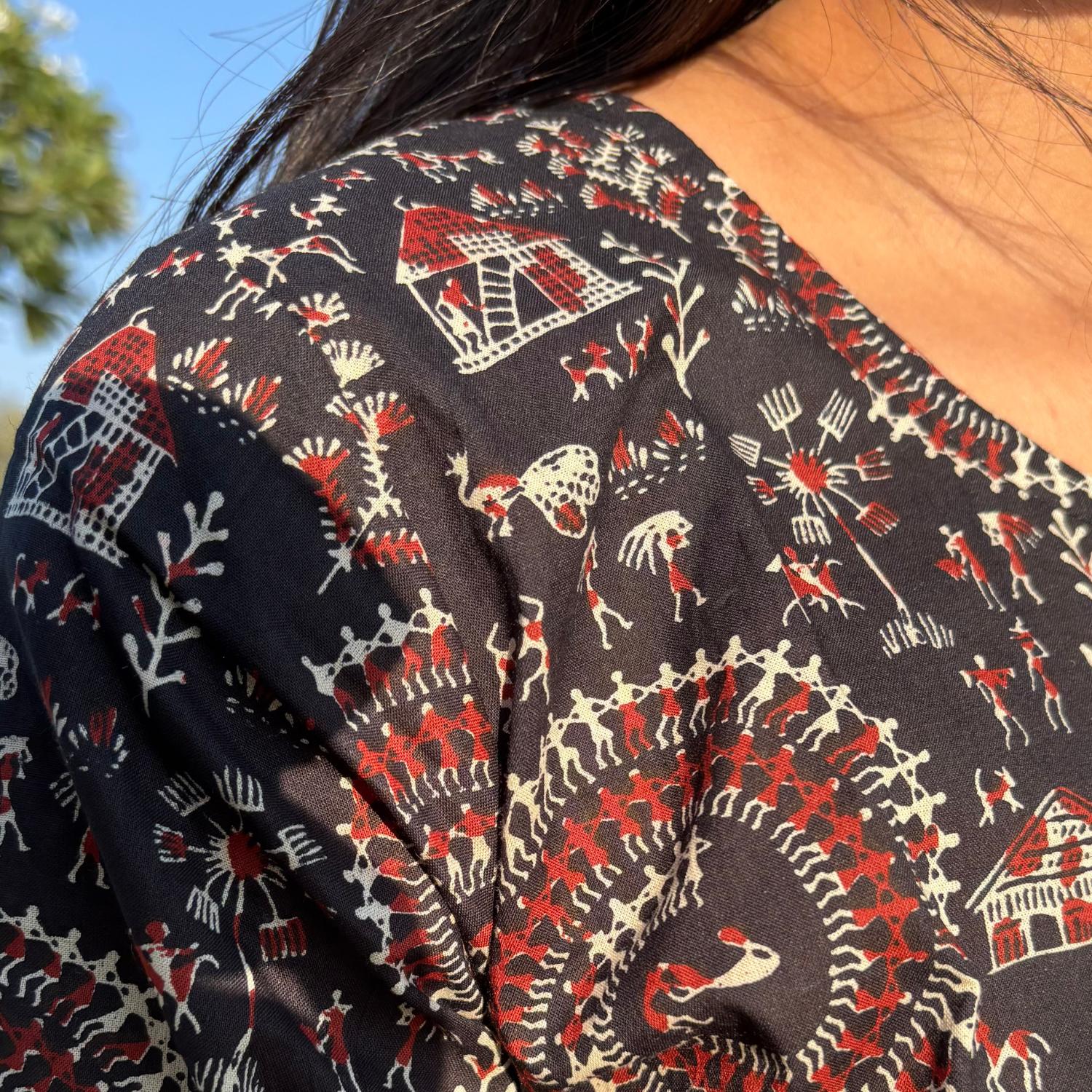 Black Pure Cotton 3/4th Sleeves Printed Short Kurti For Women