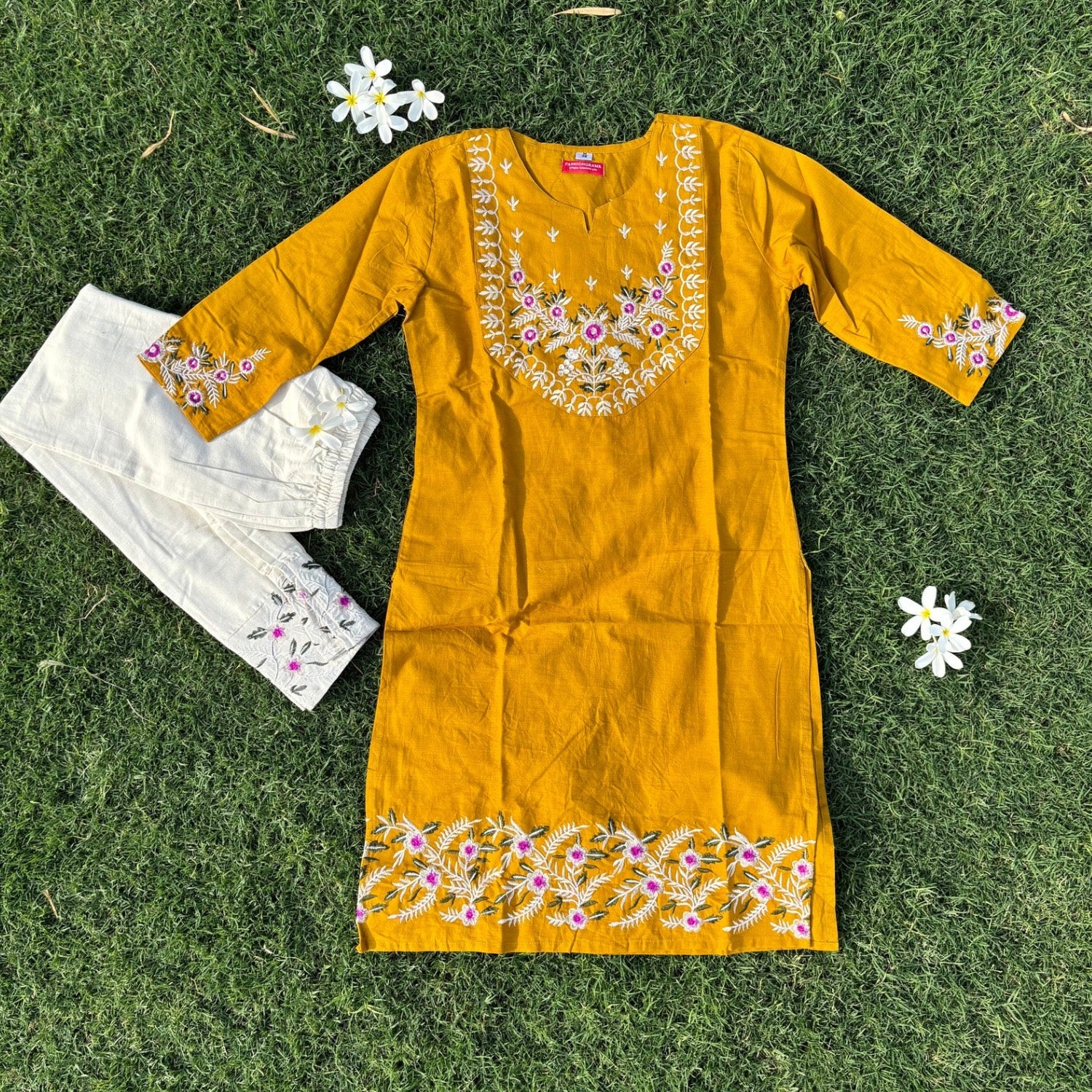 Pure Cotton Mustard Co-ord Set With Embroidery Detail For Women