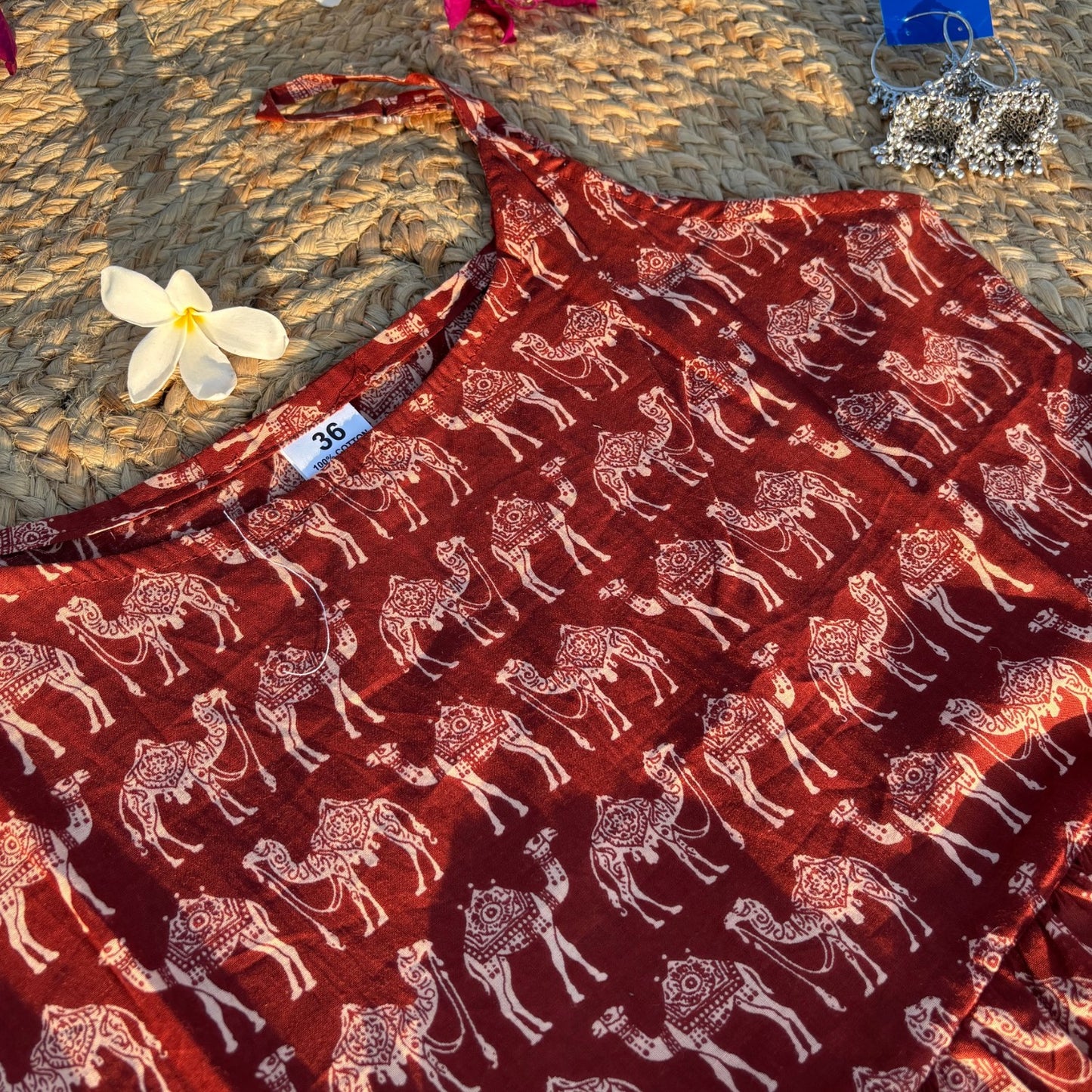 Camel Print Sleeveless Pure Cotton Rust Color Peplum Step Top For Women