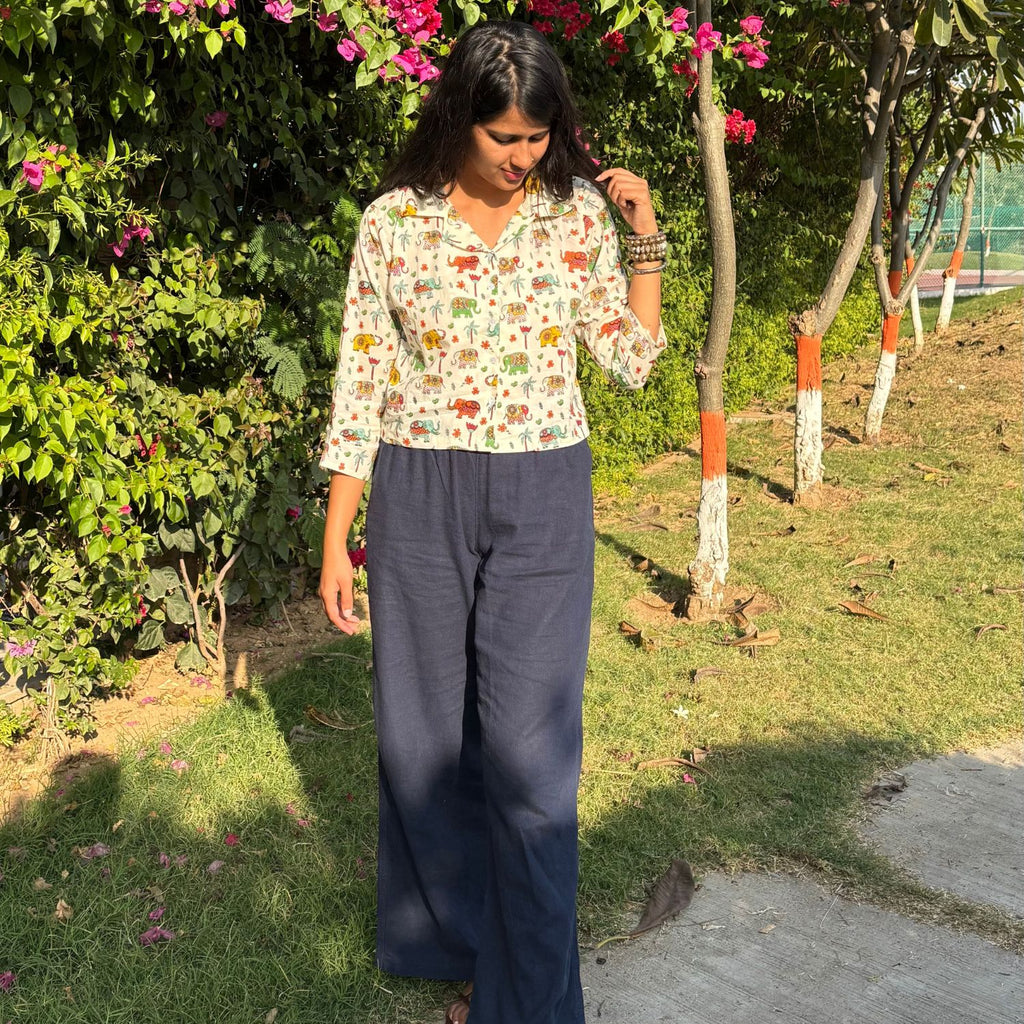 Pure Cotton Elephant Print Multi Color Crop Shirt For Women