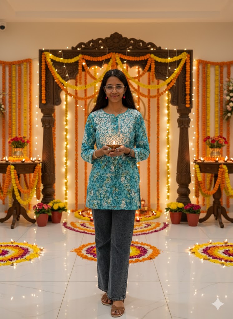 Blue Printed Cotton Chikankari Short Kurti For Women