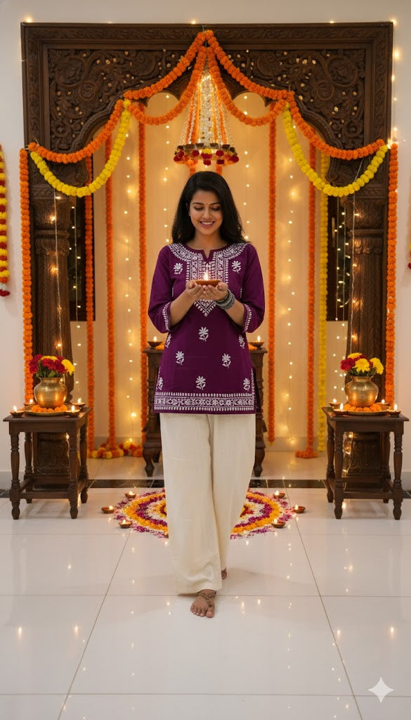 PURPLE COTTON ORIGINAL CHIKANKARI SHORT KURTI FOR WOMEN