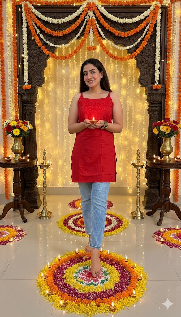 Pure Cotton Red Strap Chikankari Straight Kurta For Women