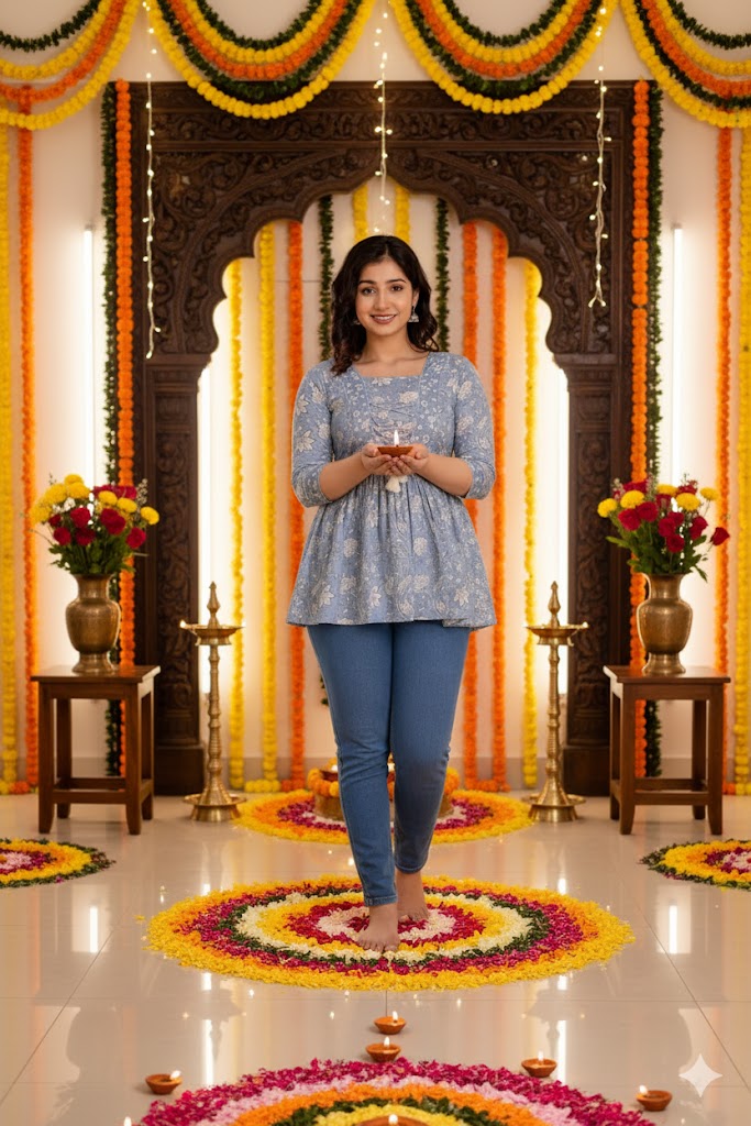 Light Blue Jaipuri Print Cotton Peplum Top For Women