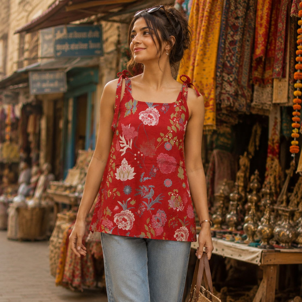 Red Color Sleeveless Floral Print Pure Cotton knot Kurta For Women