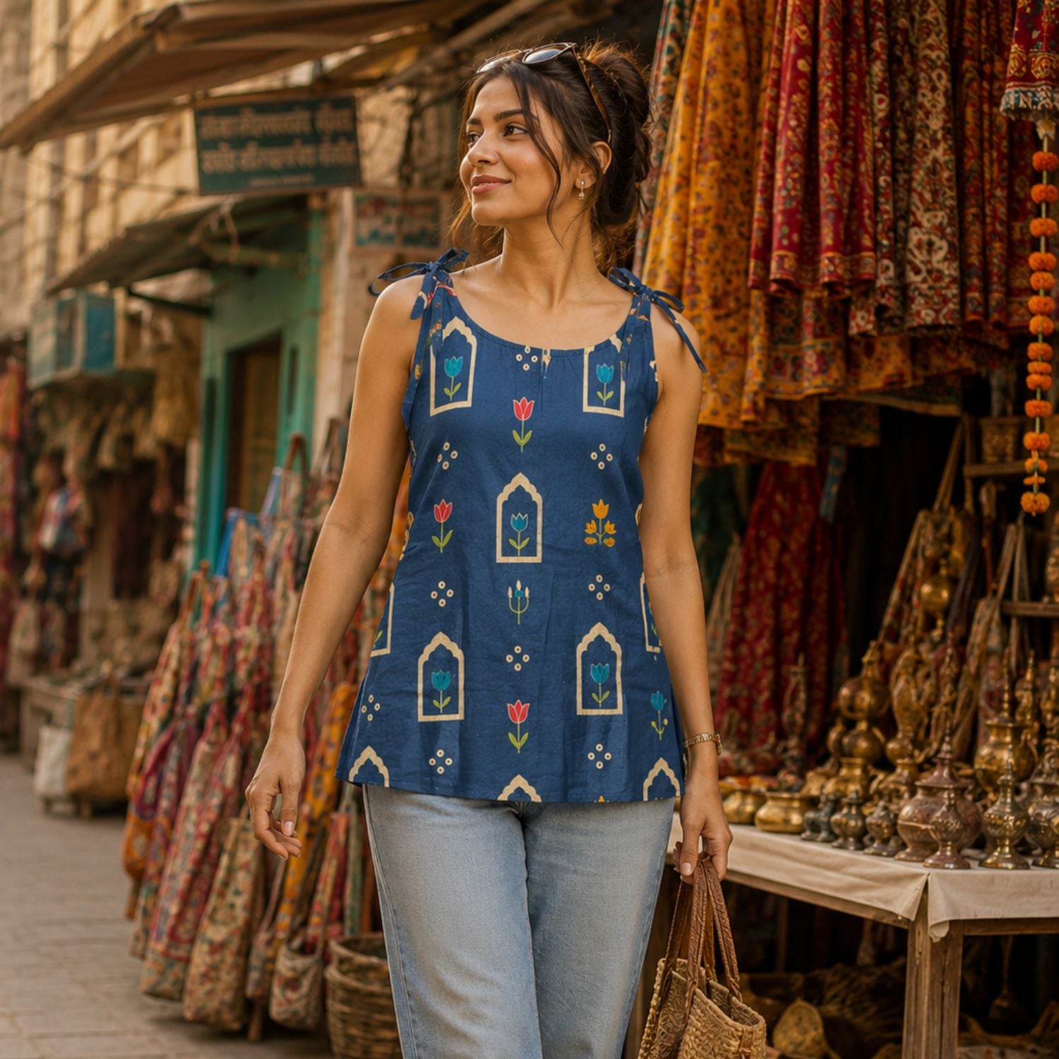 Blue Color Sleeveless Floral Print Pure Cotton knot Kurta For Women