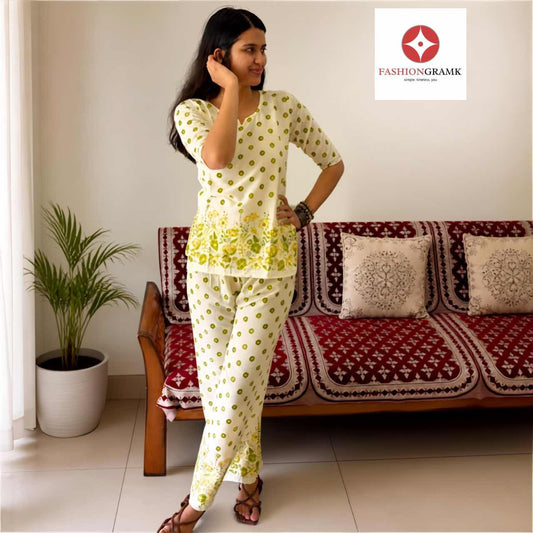 Cotton Green White Printed Co-ord Set For Women