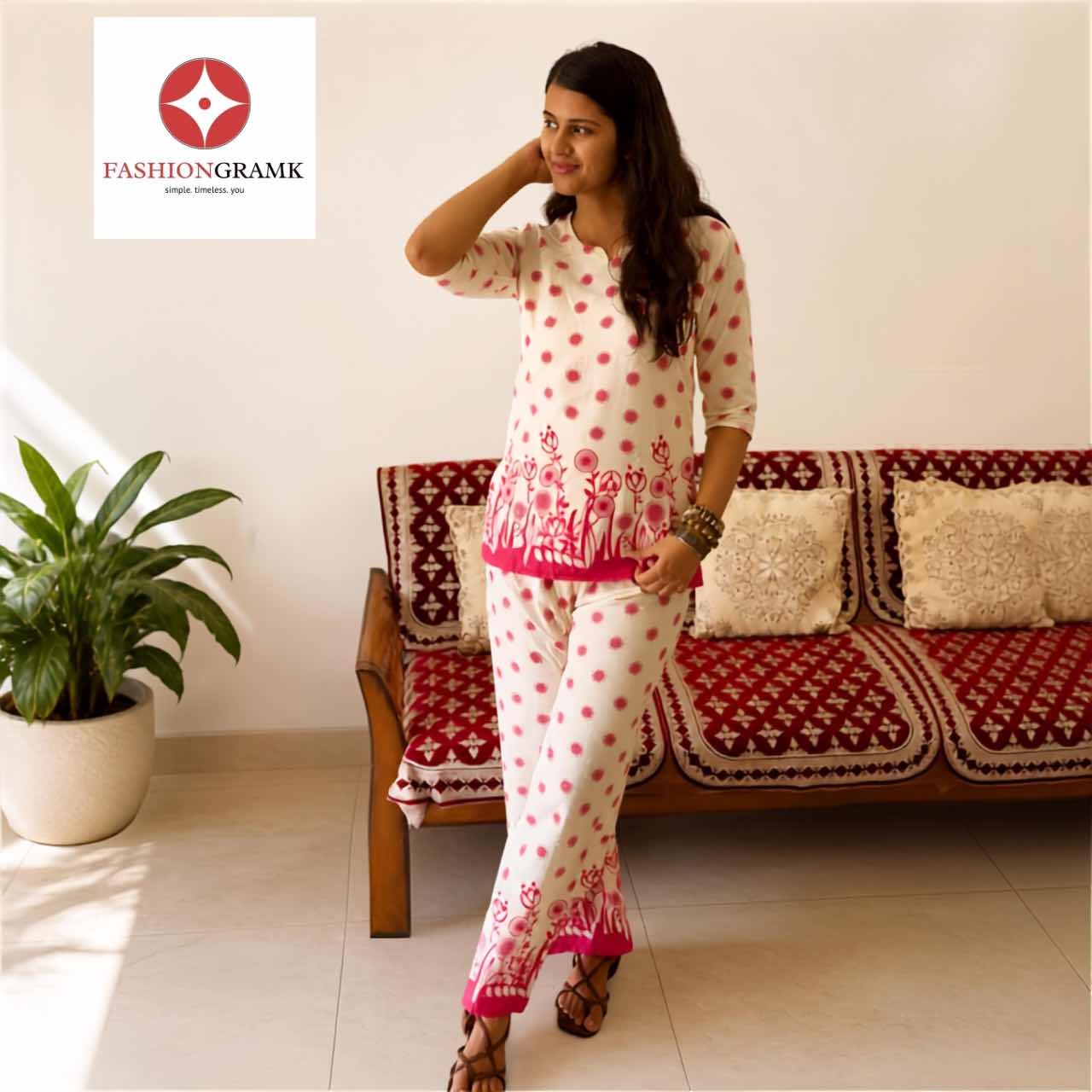 Cotton Pink White Printed Co-ord Set For Women
