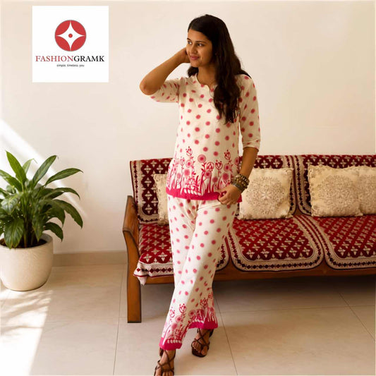 Cotton Pink White Printed Co-ord Set For Women