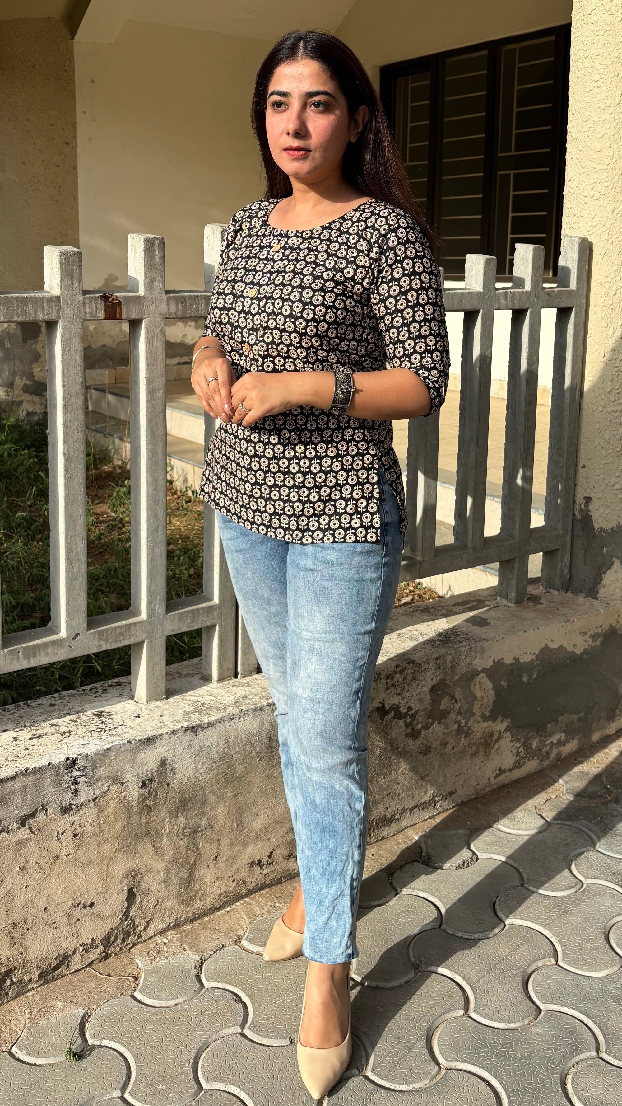 Daily Wear Black Printed Short Kurti For Women