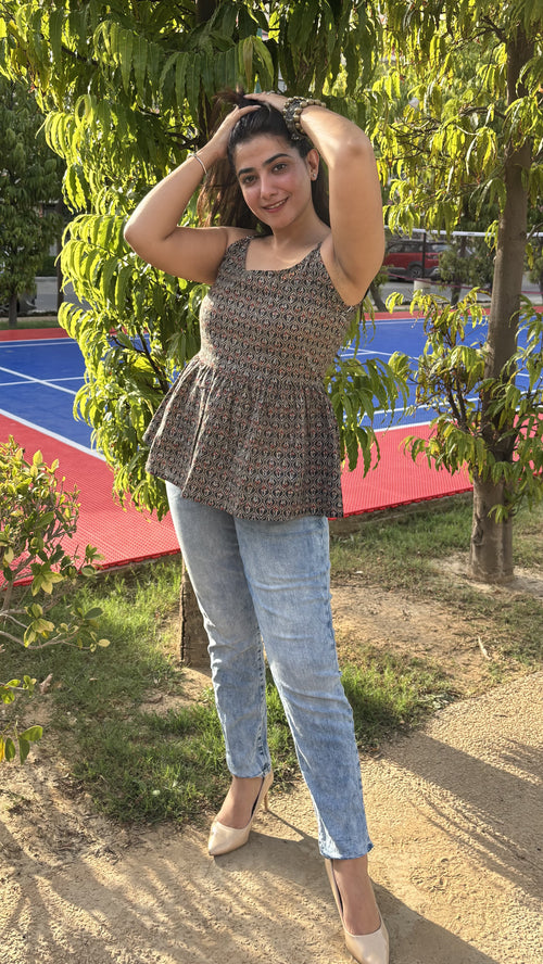 Black Cotton Printed Peplum Strap Top For Women Sleeveless