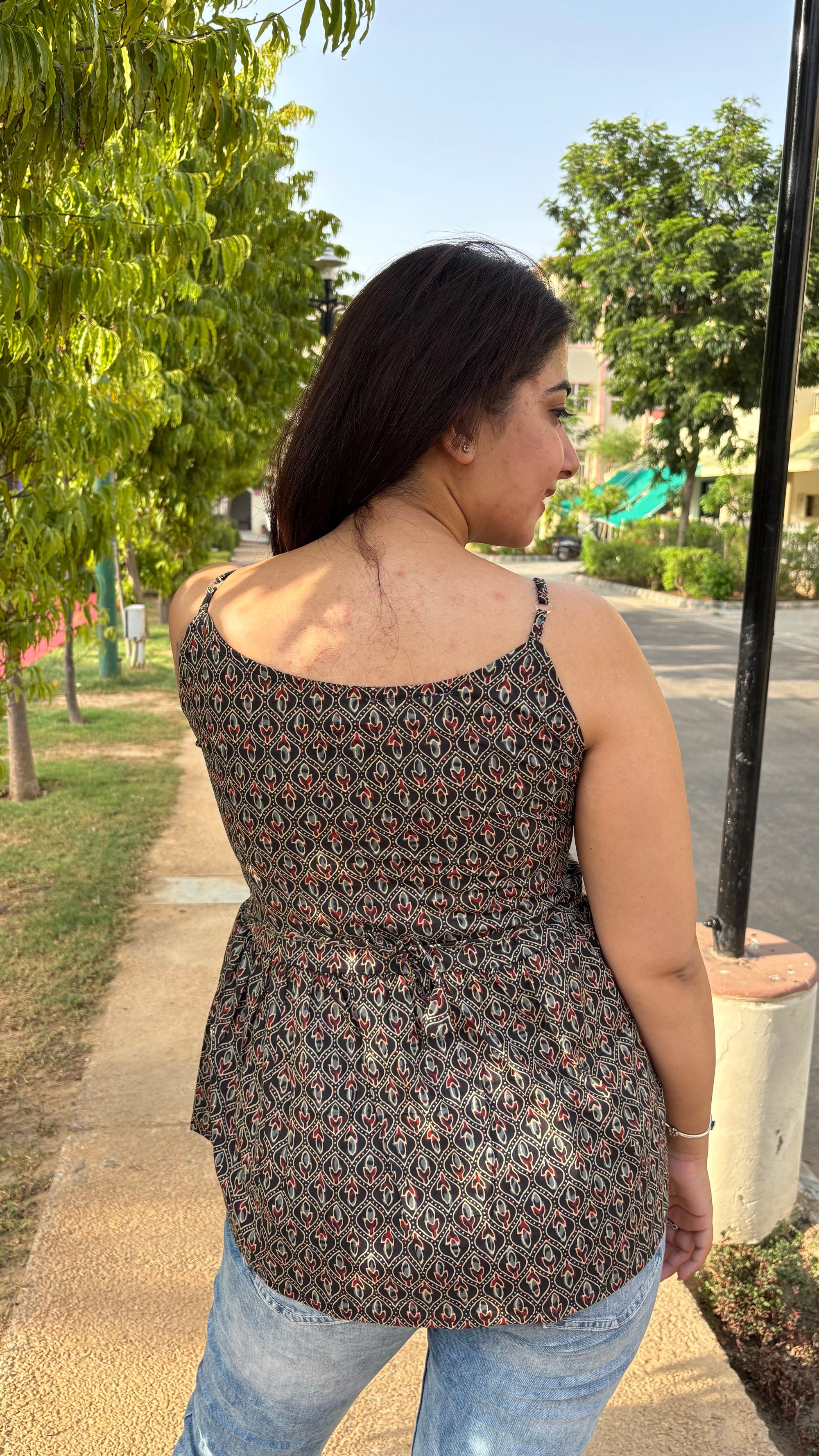 Black Cotton Printed Peplum Strap Top For Women Sleeveless