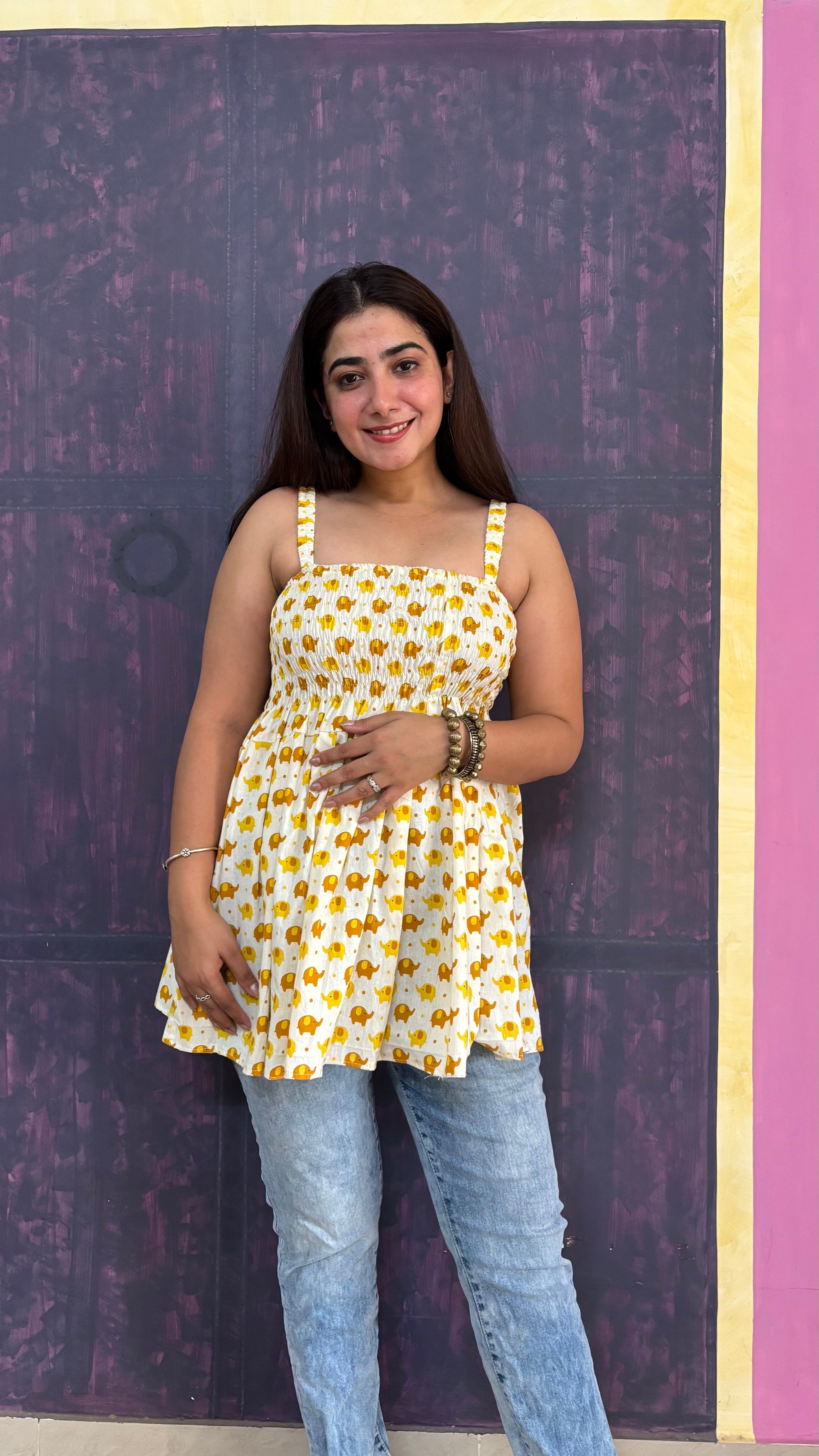 Women's Cotton Elephant Print Smocked Tank Top, Yellow, Casual Summer Wear