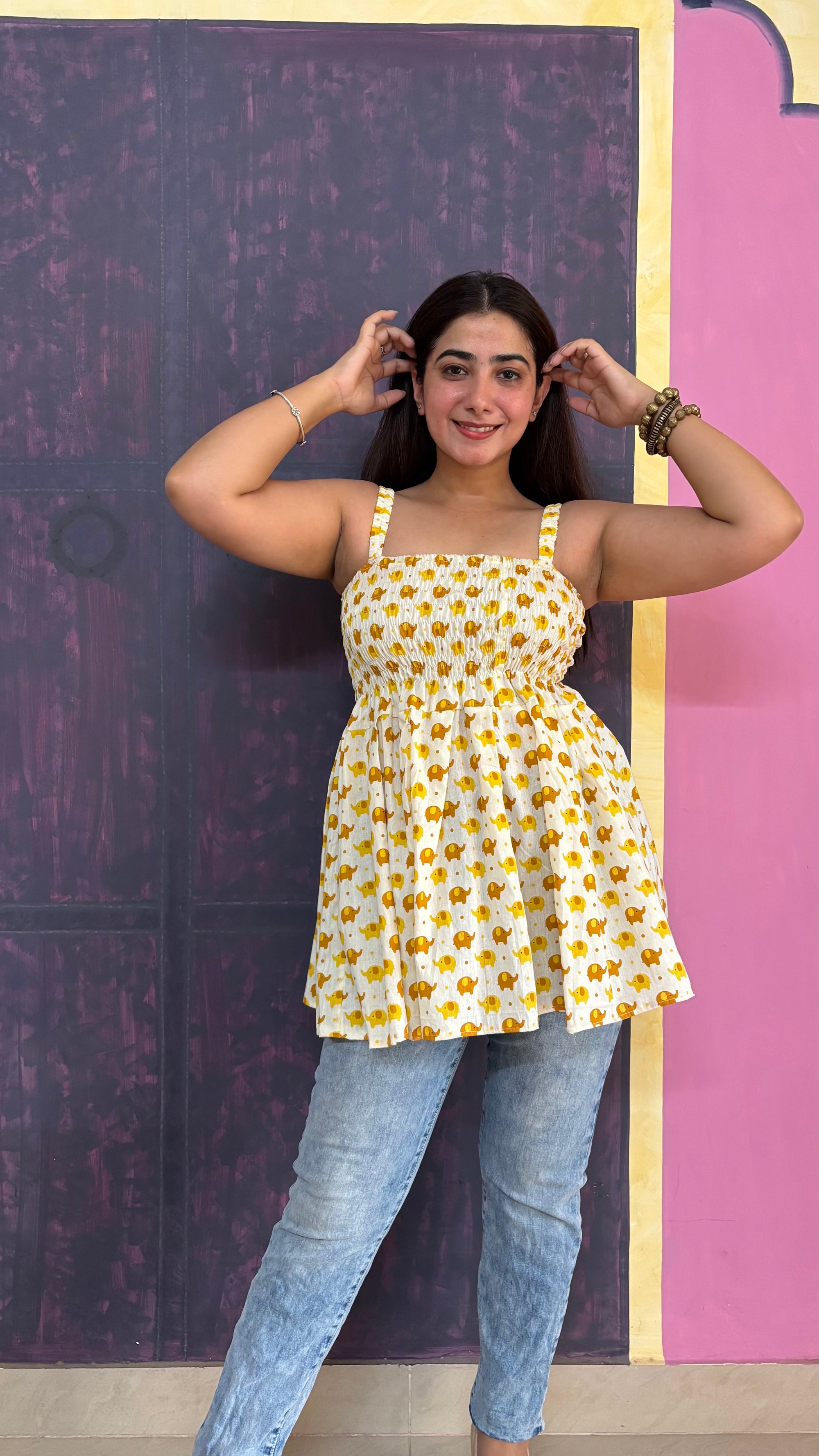 Women's Cotton Elephant Print Smocked Tank Top, Yellow, Casual Summer Wear