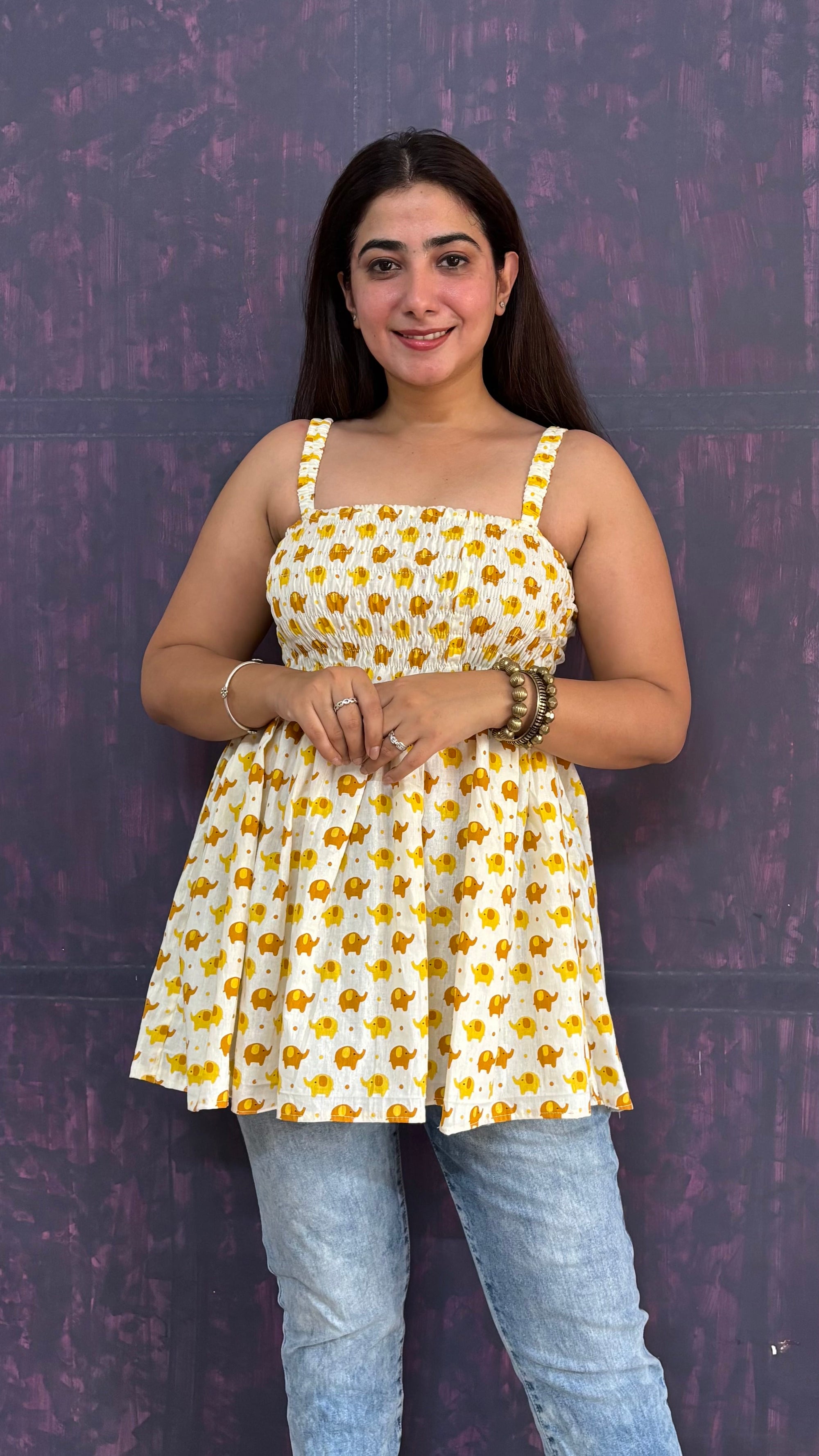 Women's Cotton Elephant Print Smocked Tank Top, Yellow, Casual Summer Wear