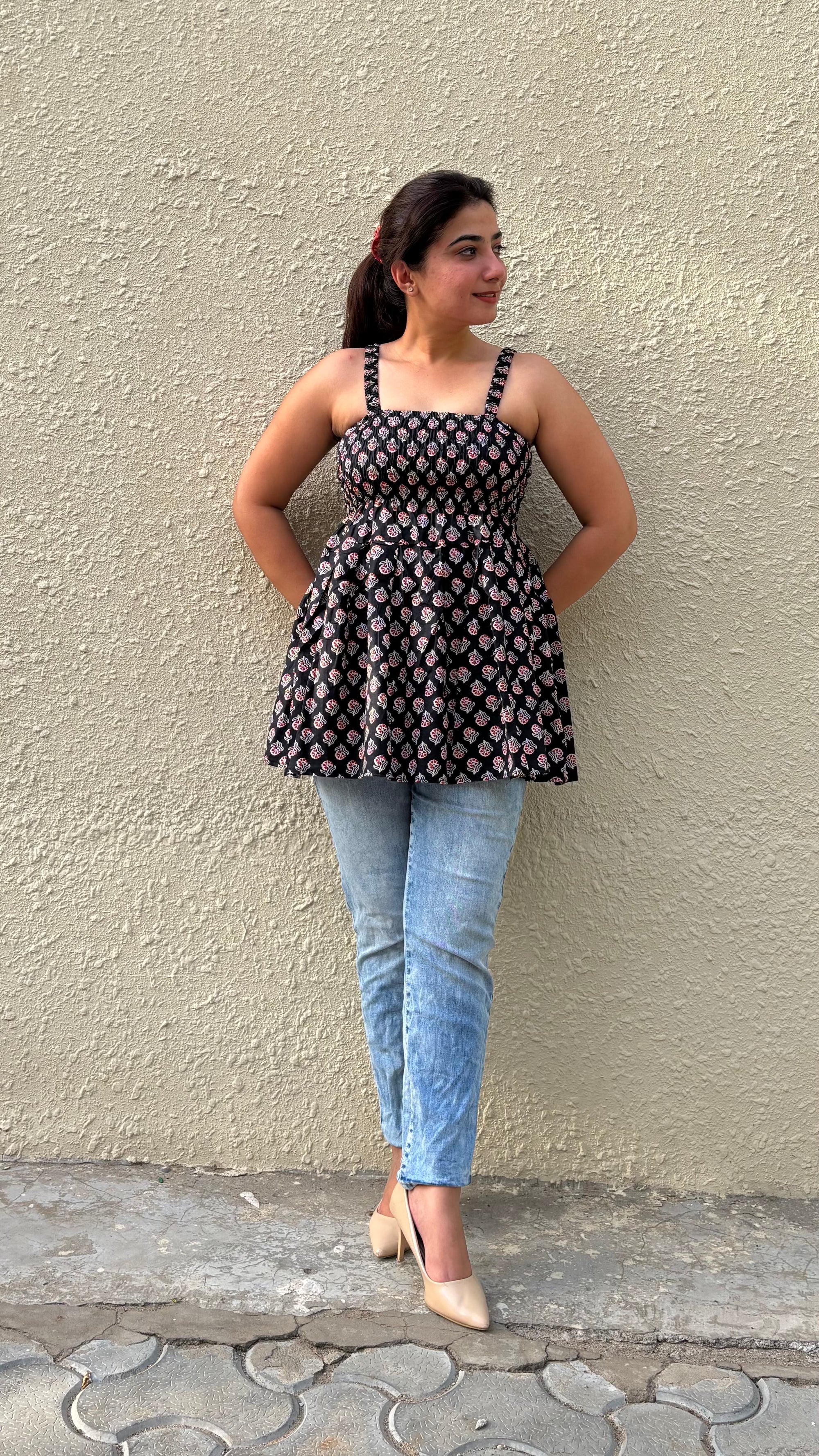 Women's Floral Print Smocked Black Tank Top, Casual Summer Wear