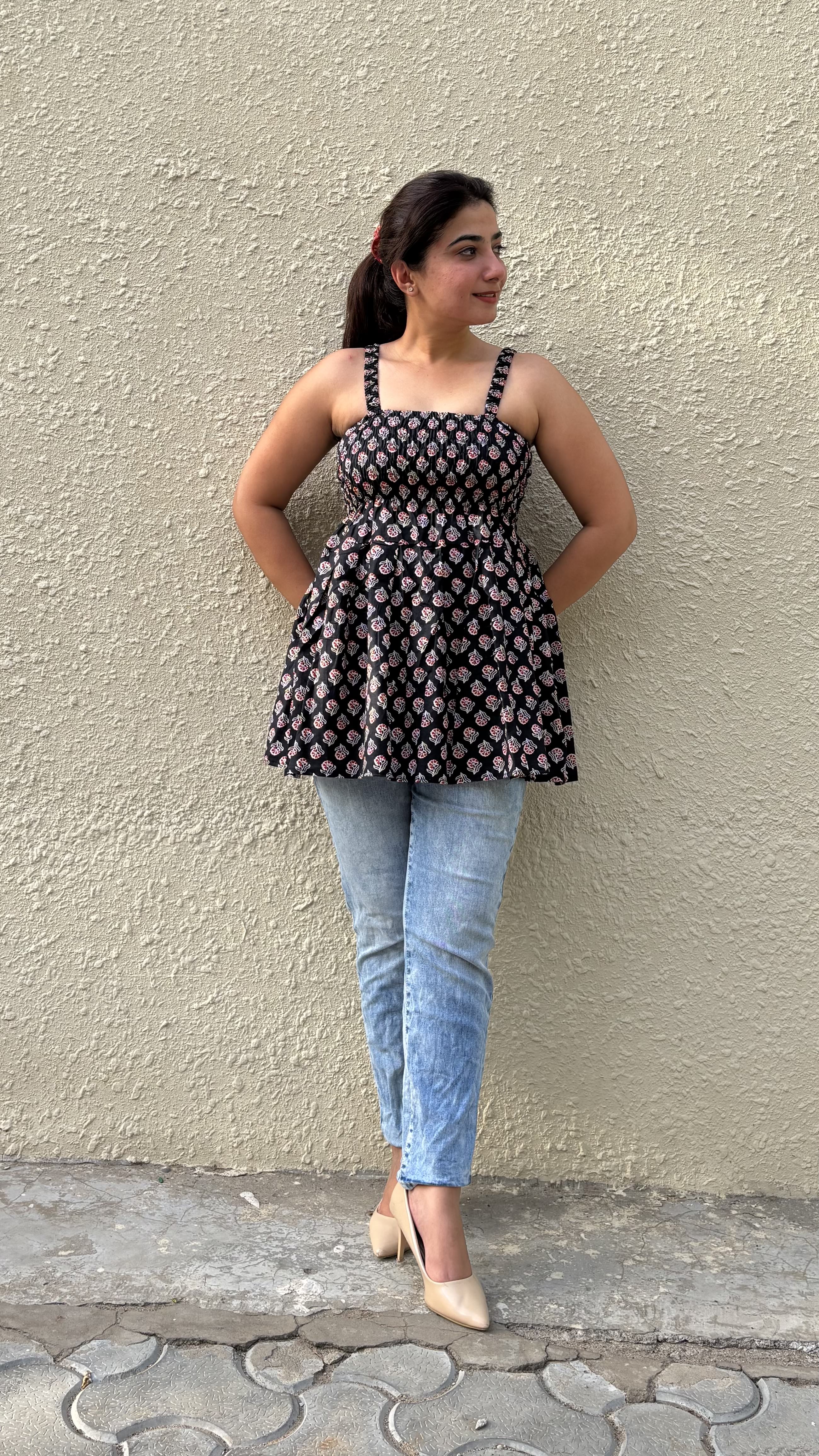 Women's Floral Print Smocked Black Tank Top, Casual Summer Wear