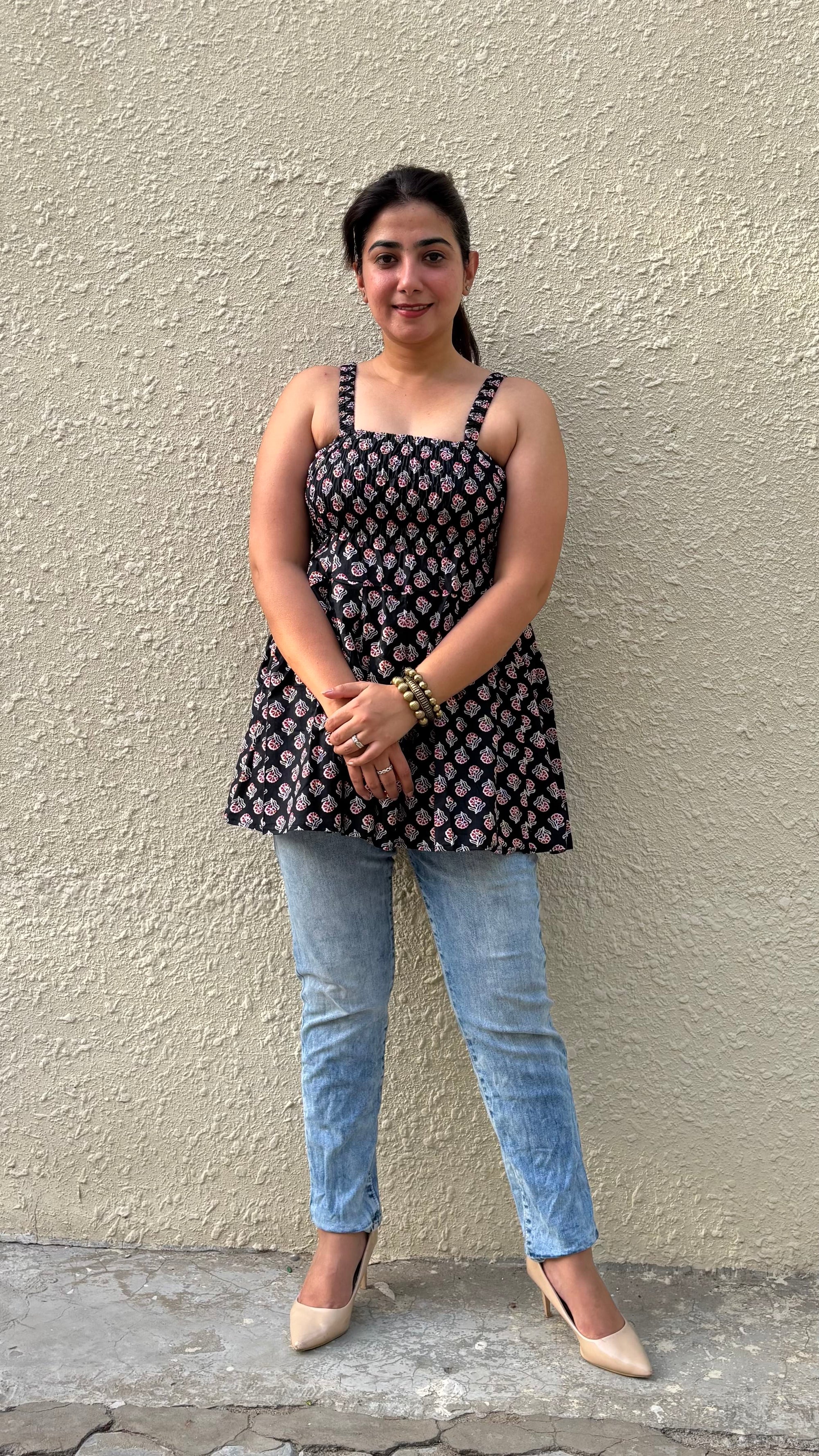 Women's Floral Print Smocked Black Tank Top, Casual Summer Wear