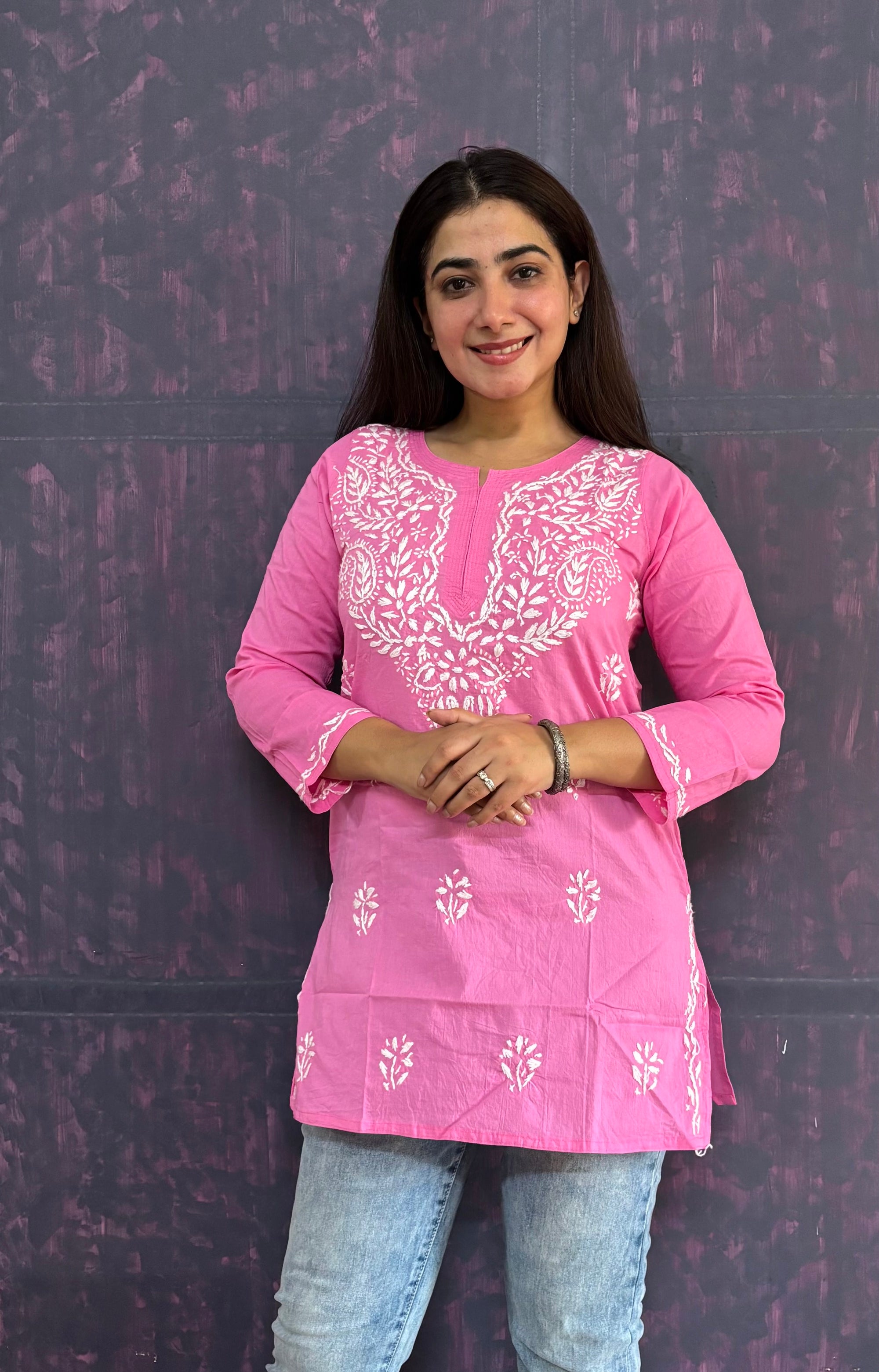 Women's Pure Cotton Pink Original Hand Chikankari Work Short Kurta