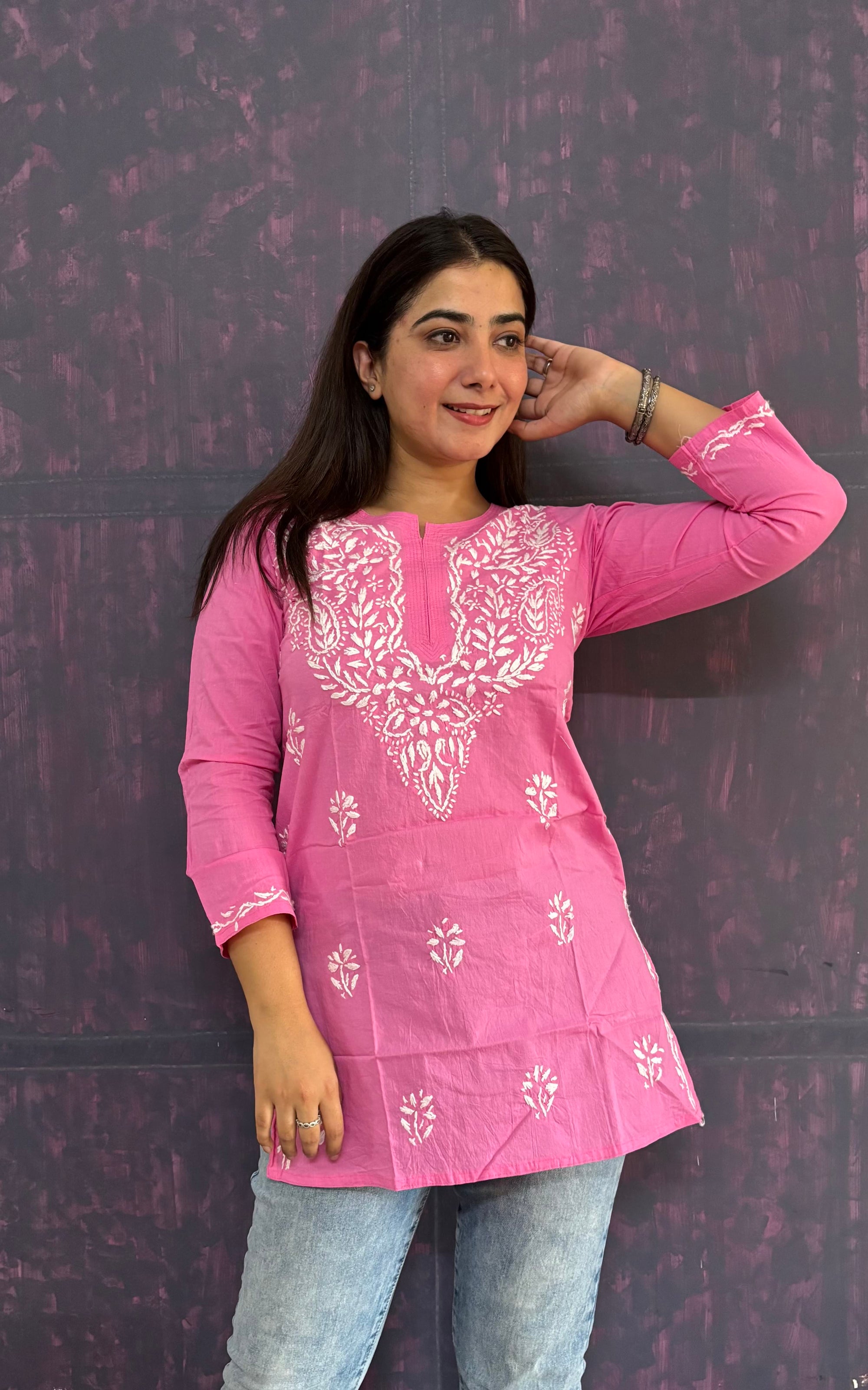 Women's Pure Cotton Pink Original Hand Chikankari Work Short Kurta