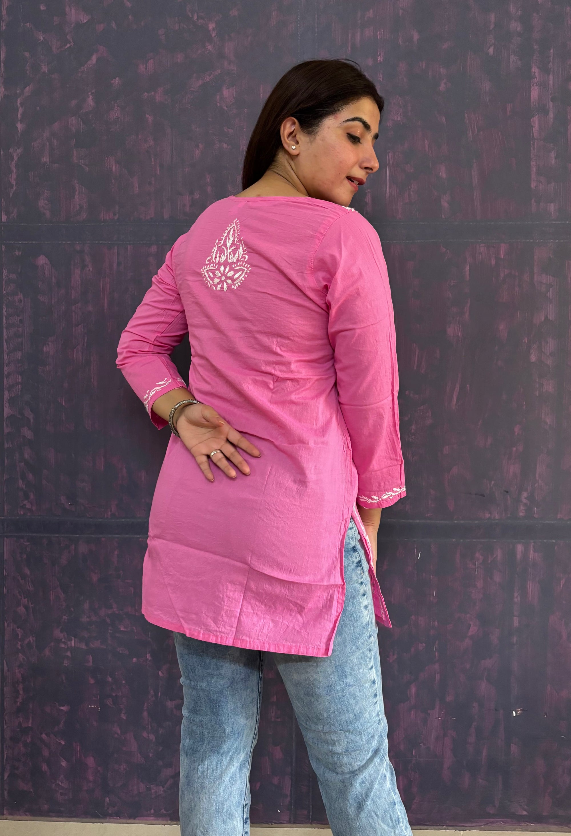 Women's Pure Cotton Pink Original Hand Chikankari Work Short Kurta