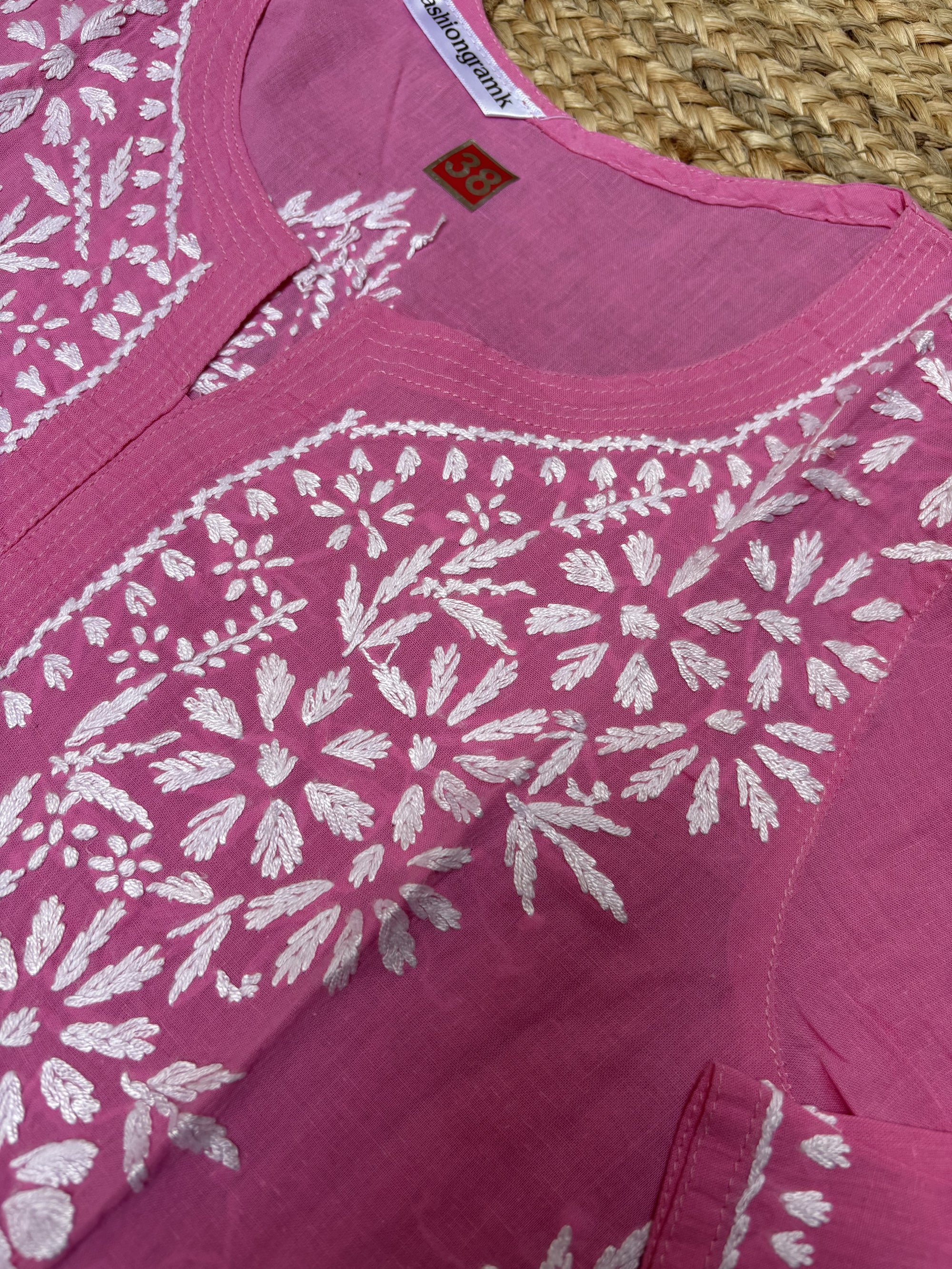 Women's Pure Cotton Pink Original Hand Chikankari Work Short Kurta