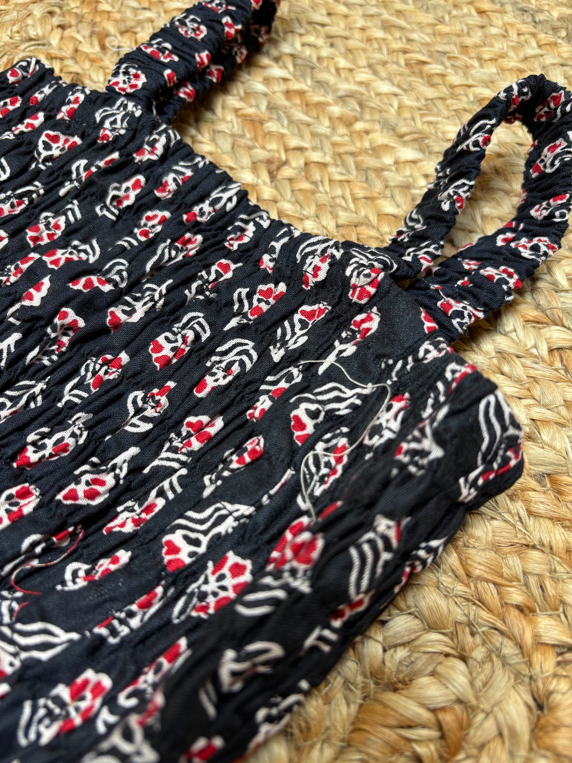 Women's Floral Print Smocked Black Tank Top, Casual Summer Wear