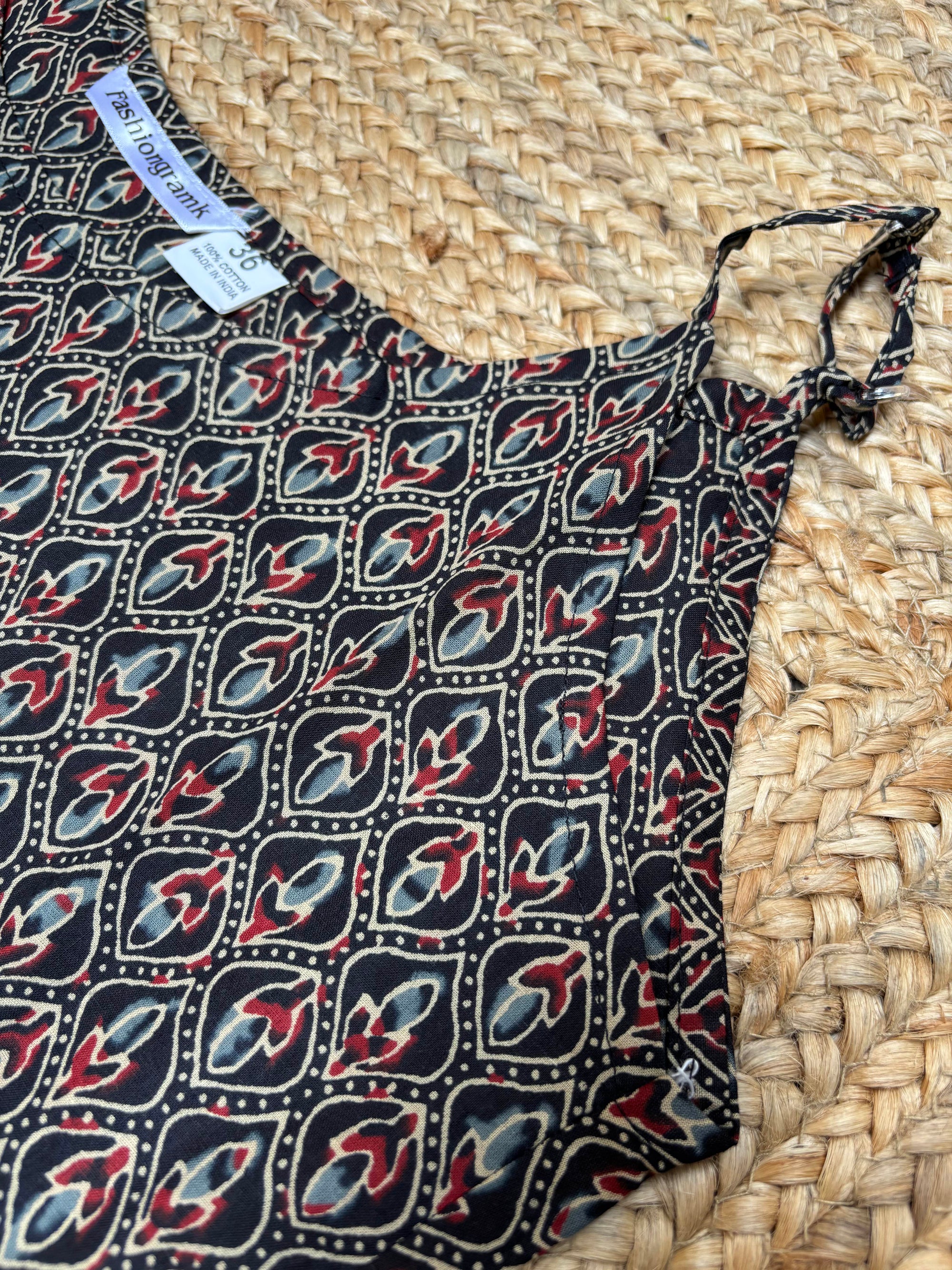 Black Cotton Printed Peplum Strap Top For Women Sleeveless