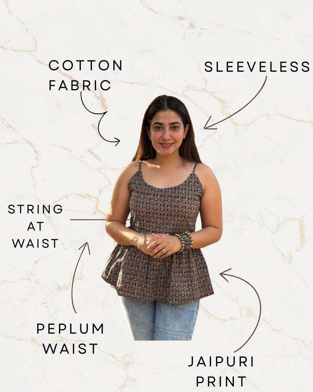 Black Cotton Printed Peplum Strap Top For Women Sleeveless