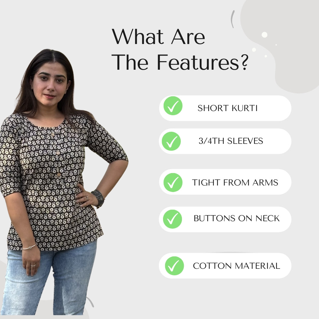 Daily Wear Black Printed Short Kurti For Women