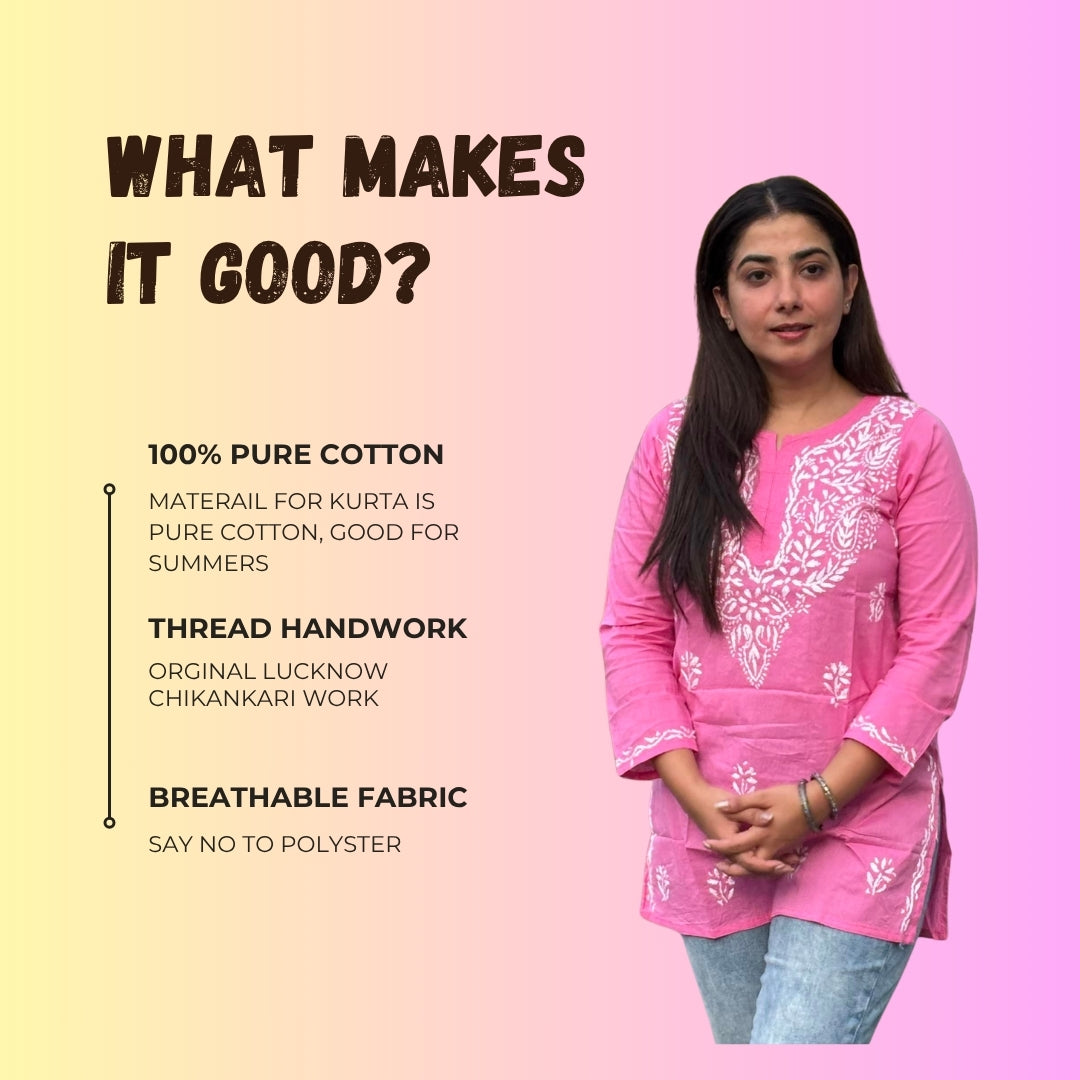 Women's Pure Cotton Pink Original Hand Chikankari Work Short Kurta
