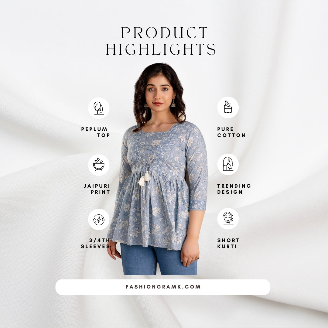 Light Blue Jaipuri Print Cotton Peplum Top For Women