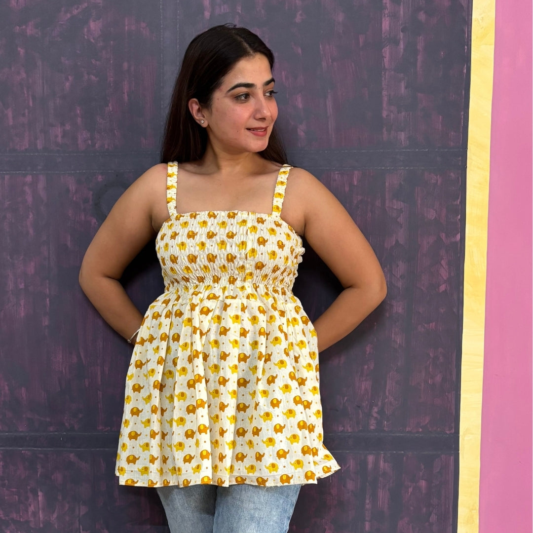 Women's Cotton Elephant Print Smocked Tank Top, Yellow, Casual Summer Wear