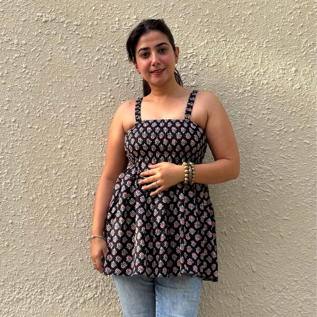 Women's Floral Print Smocked Black Tank Top, Casual Summer Wear