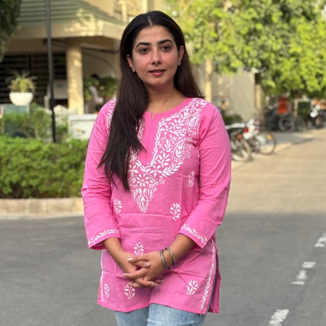 Women's Pure Cotton Pink Original Hand Chikankari Work Short Kurta