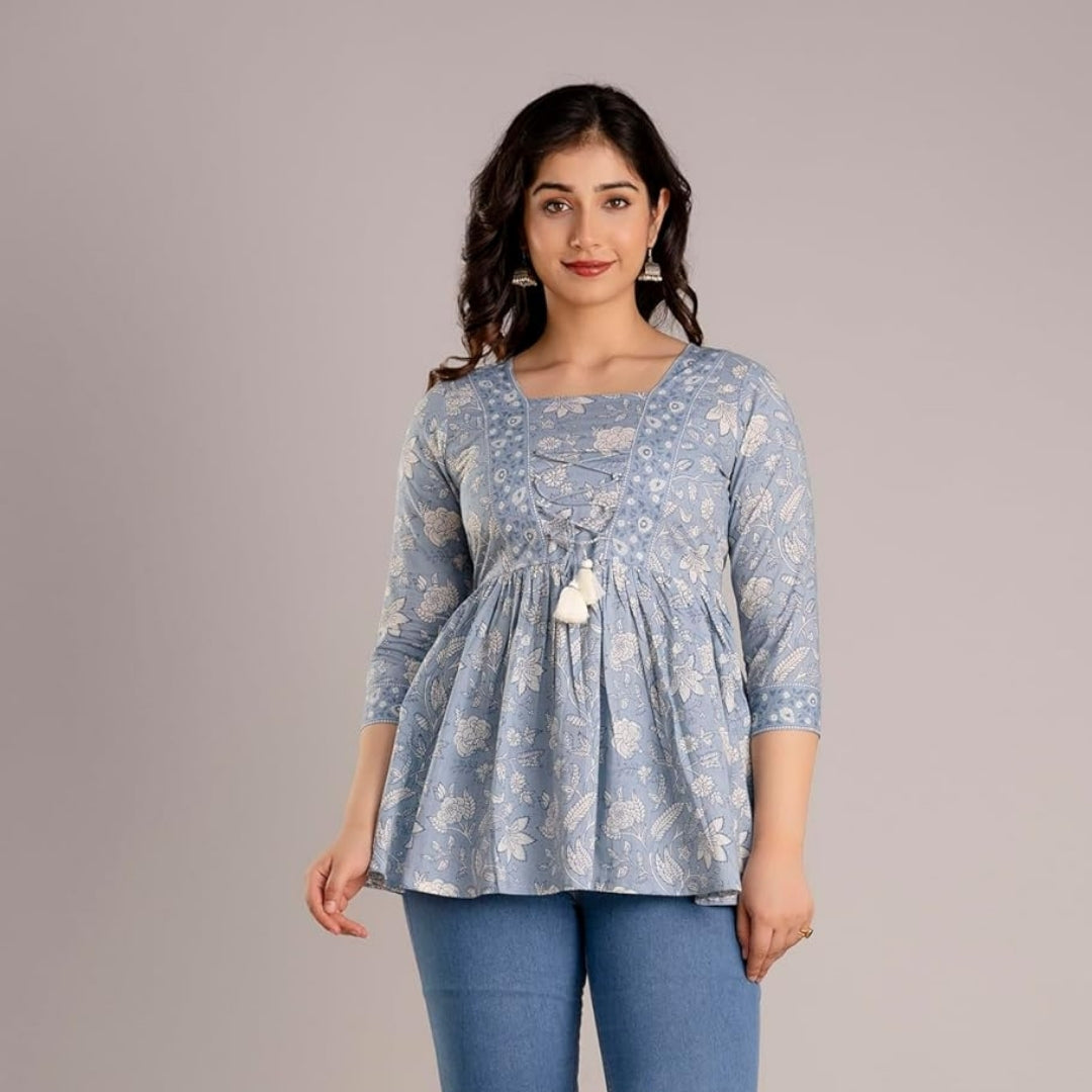 Light Blue Jaipuri Print Cotton Peplum Top For Women